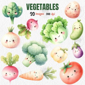 以下が含まれることがあります： かわいい漫画の顔をした様々な野菜のウォーターカラーイラスト20点セット。野菜には、じゃがいも、玉ねぎ、ニンジン、トマト、ナス、ブロッコリー、ほうれん草、大根、ピーマン、キュウリ、キャベツが含まれています。