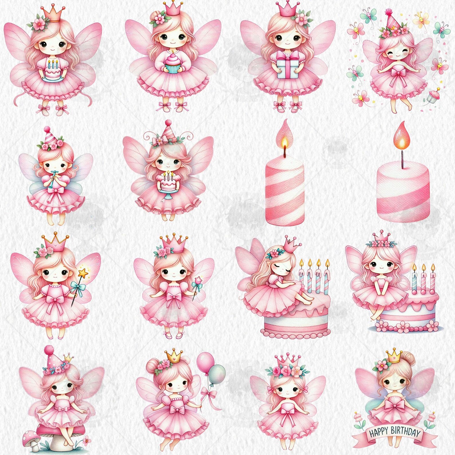 Pink Fairy Birthday Watercolor Clipart: 31 PNG Images (digital Download ...