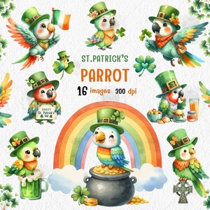 Puede incluir: Un conjunto de 16 ilustraciones digitales de loros del Día de San Patricio. Los loros llevan sombreros y sostienen tréboles, ollas de oro y otros artículos con temática del Día de San Patricio. Las ilustraciones están en un estilo de acuarela y son perfectas para usar en scrapbooking digital, creación de tarjetas y otros proyectos de manualidades.