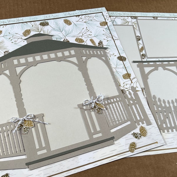 12x12 Winter Gazebo Scrapbook Layout, Wonderful Premade Page Kit, Fast Easy Photo Album Pages, Handmade in 3D, Unique, Outdoors