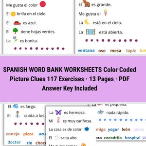 May include: A PDF worksheet titled "SPANISH WORD BANK WORKSHEETS" with picture clues and exercises. The worksheet includes color-coded exercises, with text in Spanish and corresponding images. The text includes the words "Answer Key Included".