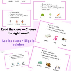 Puede incluir: Póster educativo en español con vocabulario y pistas. El póster presenta ilustraciones de una enfermera, un bombero, un maestro y otros objetos. El texto incluye "Read the clues - Choose the right word!"