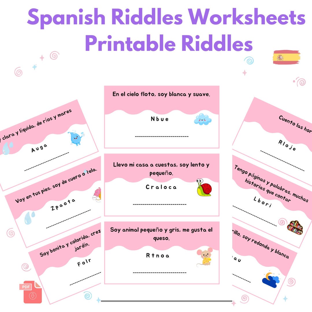 Spanish Riddles Worksheet Spanish Riddles Worksheets Printable PDF - Guess the Word - 11 Pages ...