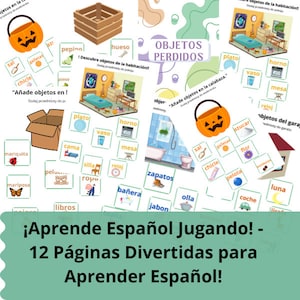 Puede incluir: Un conjunto de hojas de trabajo imprimibles coloridas para aprender español. La hoja de trabajo presenta una calabaza con una cara de calabaza y el texto "¡Aprende Español Jugando! - 12 Páginas Divertidas para Aprender Español!"