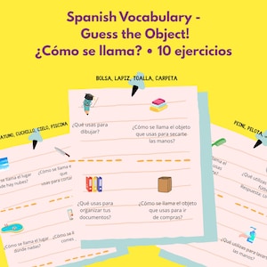 Puede incluir: Un póster educativo amarillo con ejercicios de vocabulario en español. El título dice "Spanish Vocabulary - Guess the Object!" con la pregunta "¿Cómo se llama?" y "10 ejercicios". El póster incluye ilustraciones y palabras de vocabulario.