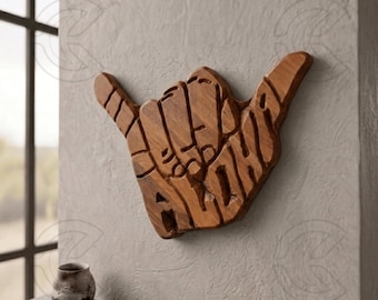 Handmade Shaka Sign Wood Carving – Teal & Gold Aloha Decor
