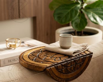 Tavolino da divano intagliato a forma di loto – Vassoio in legno massello di pino con bordo dorato