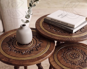 Om Symbol Coffee Table – Hand-Carved Mandala Solid Wood Accent Table with Tapered or Lathe Legs (Gold Rim)