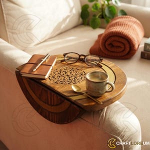 May include: A wooden sofa arm tray with a carved floral design, holding a small coffee cup, a spoon, a notebook, and glasses. The tray is brown with gold accents and is placed on a beige sofa arm. A rolled-up blanket is in the background.