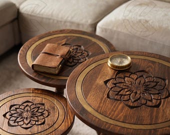 Lotus Carved Solid Wood Coffee Table – Round Accent Table with Tapered or Turned Legs