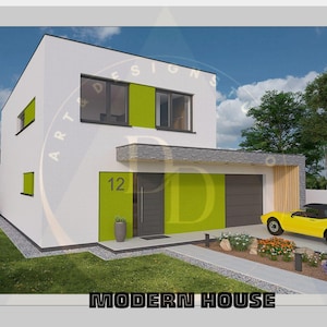 Moderne plattegrond, plattegrond met open en gesloten garage, 3 slaapkamers, 2 badkamers, met gratis origineel CAD-bestand (metrische en Engelse eenheden)