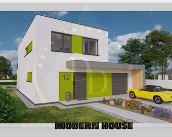 Plano de casa moderna, plano de casa con garaje abierto y cerrado, 3 habitaciones, 2 baños, con archivo CAD original gratuito (unidades métricas e imperiales)