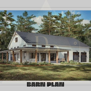 Diseño de plano de casa de campo Barndominium - 127&#39; x 226&#39; - 3 habitaciones, 2 baños - Dibujos y planos - 2 estacionamientos -
