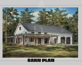 Farmhouse Barndominium -127&#39; x 226&#39; House Plan Design - 3 Bed 2 Bath - Drawings Blueprints-2 parking lots-