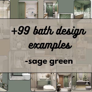 Puede incluir: Un collage de imágenes que muestran ideas de diseño de baño en verde salvia. El texto superpuesto dice: +99 ejemplos de diseño de baño - verde salvia.