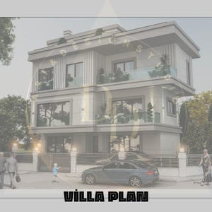 Pode incluir: Projeto de uma moradia moderna de vários andares, com exterior cinza claro, janelas grandes e varandas. Um carro está estacionado em frente à moradia, e o texto "VILLA PLAN" é exibido na parte inferior. Pessoas caminham perto da moradia.
