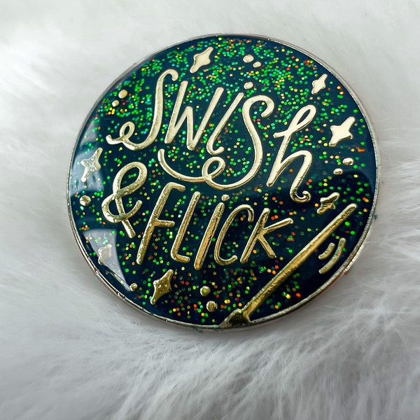 Swish And Flick Green Glitter Enamel Pin, Magical World Of Witchcraft and Wizardry Brooch, Backpack Accessories, Witch Lapel, Wand Badge,