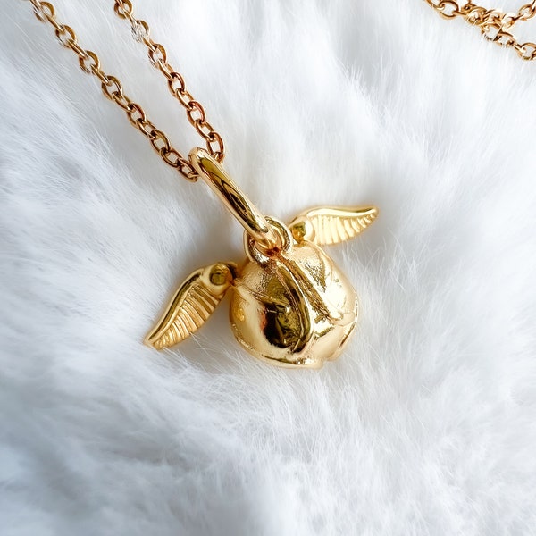 Mini Movable Wings Golden Snitch Necklace Charm Pendant, Quidditch, Seeker, Winged Golden Ball Keepsake, Gold plated Stainless Steel, Witch
