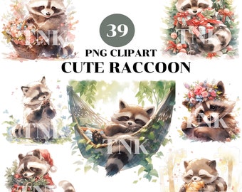 Watercolor Raccoon Clipart Bundle, Cute PNG Images (Digital Download)