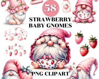 Pink Baby Strawberry gnomes, Strawberry gnome, Gnomes Clipart, Hello summer gnomes, Cute Gnome, Strawberry, Junk Journal, Scrapbooking