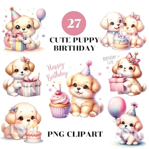 Aquarell niedlichen Welpen Geburtstag Clipart Sublimation, Hund Clipart, Tier Clipart, kleiner Welpe PNG Für Tshirt, Geburtstagseinladung und Karte