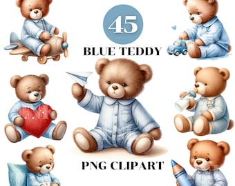 45 Blauer Teddybär Clipart für Babypartys - niedliches Geschenk Kinderzimmer Teddybär Wir können kaum warten Baby Bär Clipart Pack, Kinderdekor Geschenk
