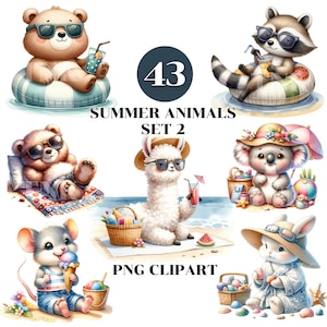 Watercolor Summer Animals SET 2 clipart Bundle, Commercial Use, Digital Downloads, High Quality PNG,Paper craft,Nursery Clipart,Cute Animals