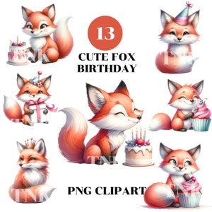 Sublimation des cliparts anniversaire renard mignon aquarelle, clipart bébé renard, clipart Animal, renard PNG pour tshirt, faire-part d'anniversaire et carte