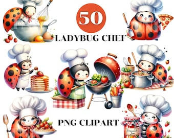 50 Ladybug Chef Clipart, Cute Cooking Insects PNG Collection, Adorable Chef Insects for Kitchen Decor and Crafting, Bugs Banquet, Kids gift