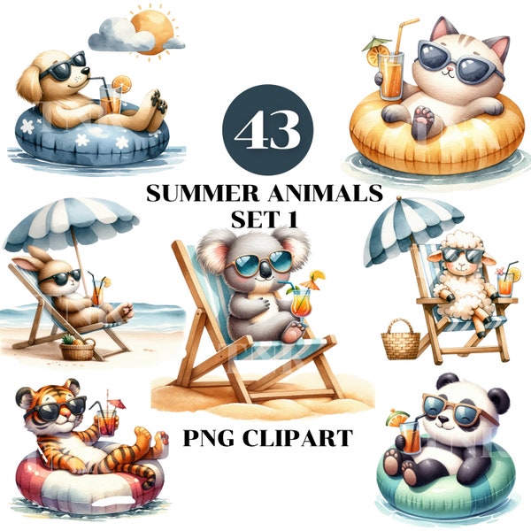 Watercolor Summer Animals SET 1 clipart Bundle, Commercial Use, Digital Downloads, High Quality PNG,Paper craft,Nursery Clipart,Cute Animals