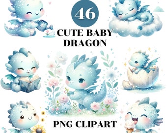 Cute Baby Dragon Clipart Bundle, PNG Graphics