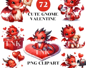May include: Set of 72 red dragon Valentine's Day clipart images. The dragons are holding hearts, gifts, and mail. The text "Cute Gnome Valentine" and "PNG Clipart" are included in the image.
