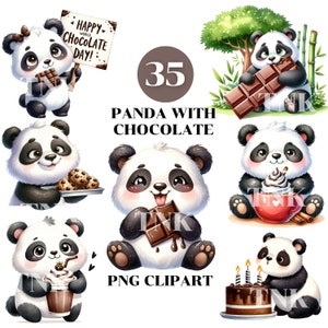 Babypanda met chocolade PNG, clipart panda, dierlijke clipart, kleine panda png voor tshirt, verjaardagsuitnodiging en kaart, clipart chocolade dag