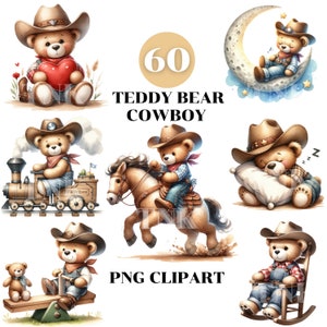 60 Aquarell Cowboy Teddybär Clipart Bundle, Teddy Bär Clipart, Baby-Dusche Clipart, Boho Teddy Bär Clipart, Cowboy png, kommerzielle Nutzung