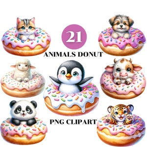 May include: 21 adorable animals sitting in pink frosted donuts with colorful sprinkles.  Animals include a cat, dog, lamb, penguin, cow, panda, and tiger.  Animals Donut PNG Clipart.