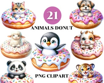 Cute Baby Animals Donut Clipart Bundle, Summer Cottagecore Clipart, Kawaii Animal Clipart, Summer Animal,Commercial Use, Transparent PNG