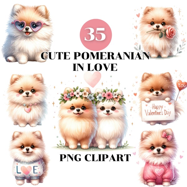 Cute Pomeranian in Love Clipart Bundle, Valentine watercolor PNG, Cute Pomeranian PNG, love romantic clipart, sublimation designs, Stickers