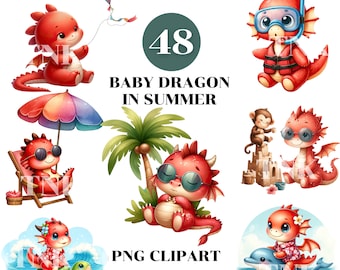 Könnte beinhalten: 48 Baby Dragon im Sommer PNG Clipart. Ein Set digitaler Illustrationen mit niedlichen roten Baby-Drachen, die Sommeraktivitäten wie Schwimmen, Sandburgen bauen und unter einem Palmenbaum entspannen genießen.
