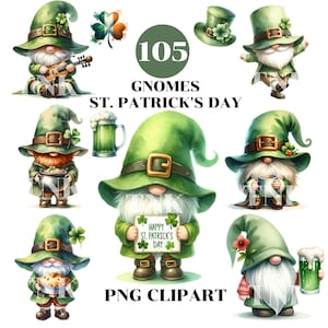 Puede incluir: Un conjunto de diez imágenes de clipart digital de gnomos vestidos con sombreros y atuendos verdes con tréboles y otras decoraciones del Día de San Patricio. Los gnomos sostienen varios objetos, incluyendo una jarra de cerveza, una olla de oro, un letrero que dice "Feliz Día de San Patricio" y una pinta de cerveza verde.