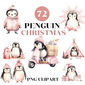 Watercolor Penguin Christmas clipart Bundle,PNG, clipart for Commercial Use,Digital Downloads,High Quality PNGs,xmas decor,Pink Christmas