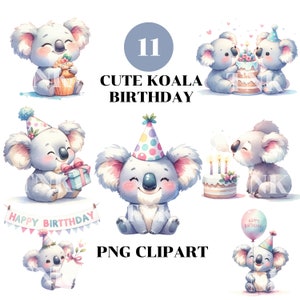 Aquarela Cute Koala Birthday Clipart Sublimation, Baby Koala Clipart, Animal clipart, Koala PNG para camiseta, convite de aniversário e cartão