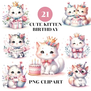 Aquarell niedlich Geburtstag Katze Clipart Sublimation, Katze Clipart, Tier Clipart, kleine Kätzchen PNG Für Tshirt, Geburtstagseinladung und Karte