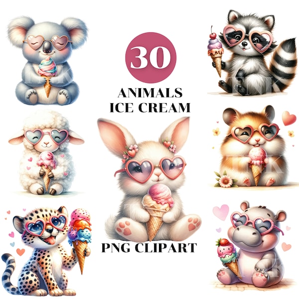 Cute Baby Animals Ice Cream Clipart Bundle, Summer Cottagecore Clipart, Kawaii Animal Clipart, Summer Animal,Commercial Use, Transparent PNG