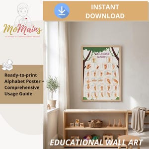 Peut inclure: Une affiche murale rectangulaire présentant l'alphabet en langue des signes avec des signes manuels pour chaque lettre de A à Z, dans un cadre en bois. L'affiche comprend des illustrations d'arbres marron et le texte Sign Language Alphabet.