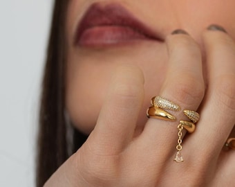 Golden Double Curve Ring with Micro Paved and Dangle Zircon Almond Shape Crystal: 18K Gold Plated