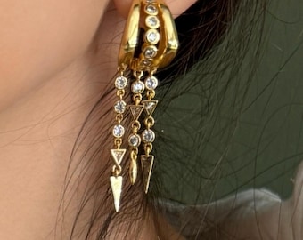 Elegant Golden Triple Strands Zircon Dangle Drop Earrings: Vintage Style Gold Plated Studs