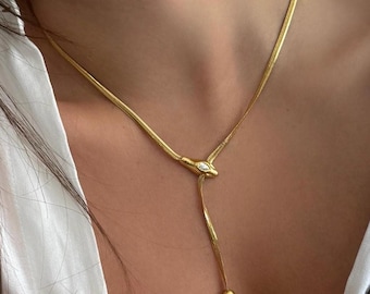 Golden Elegant Snake Head and Bullet Lariat Necklace: Adjustable 18K Gold Plated Stainless Steel Snake Chain With Zircon Crystal