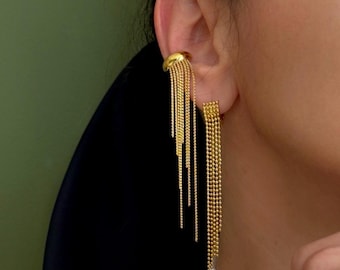 Golden Luxury Chandelier Dangling Chain Tassel Ear Cuff: 18K Gold Plated Stainless Steel Right Ear
