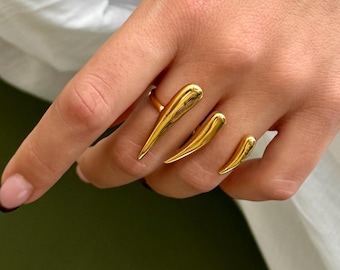 Double Golden Finger Sharp Horns Ring: Adjustable 18K Gold Plated Stainless Steel Glam Rock Style