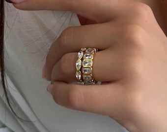 Luxury Golden Pave or Teardrops CZ Band Ring: 18K Gold Plated Stainless Steel